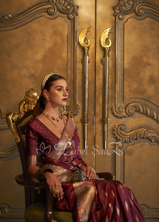 Maroon Zari Handwoven Banarasi Satin Silk Saree