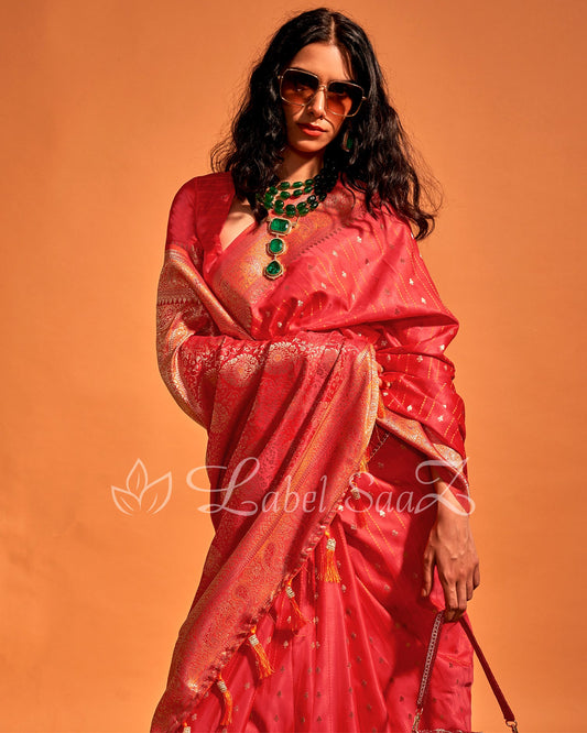 Pink Handwoven Zari Satin Silk Banarasi Saree