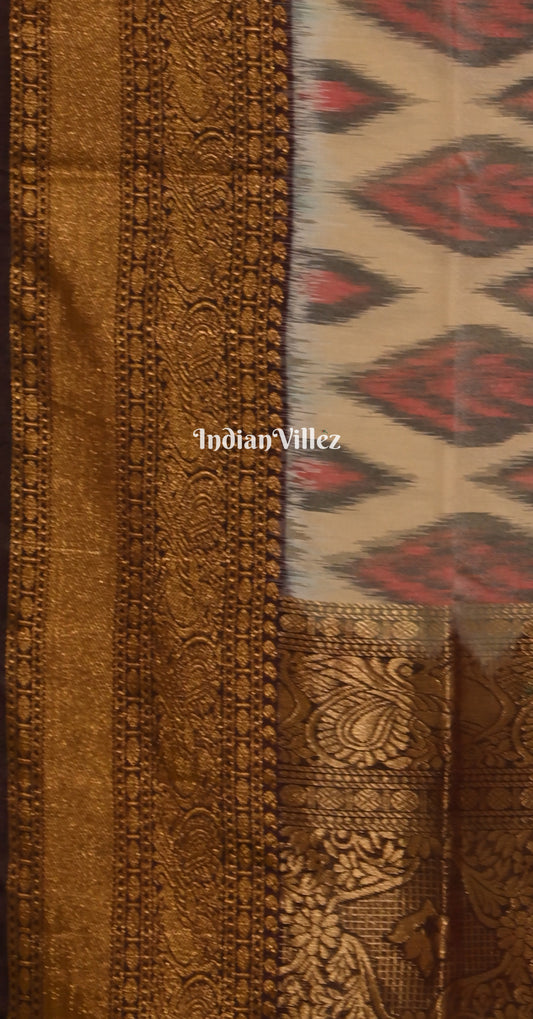 Beige Maroon Pochampally Ikat Silk Cotton (Sico) Saree 