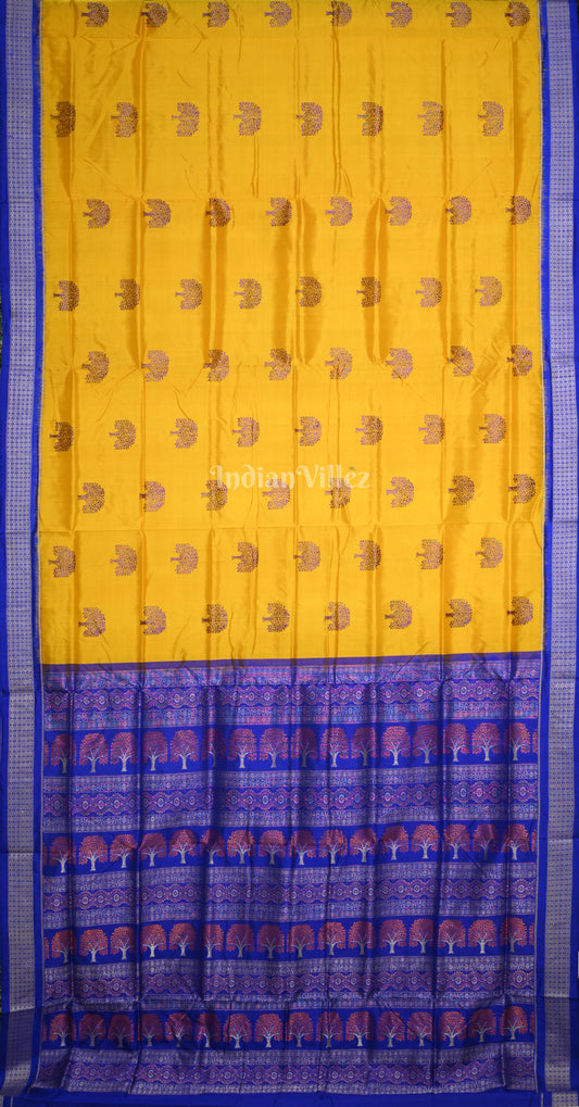 Yellow Blue Banyan Tree Motif Odisha Ikat Sambalpuri Silk Saree