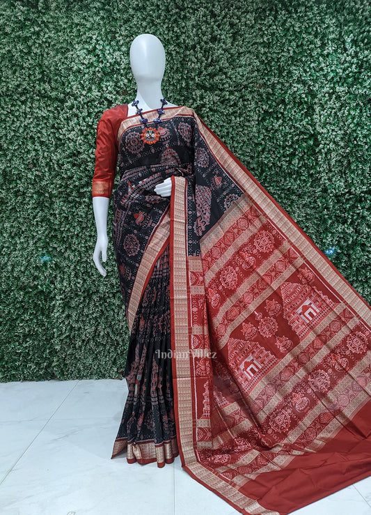Black Maroon Konark Theme Sambalpuri Silk Saree