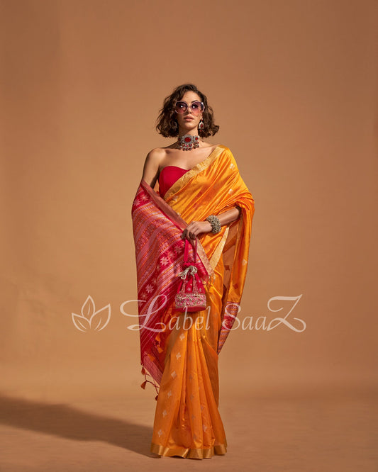 Yellow Handwoven Tussar Banarasi Saree With Emboridery on Pallu