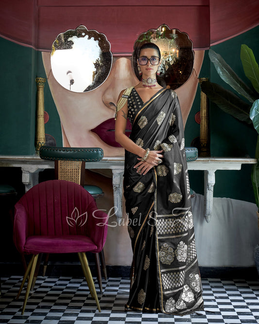  Black Pure Satin Weaving Banarasi Silk Saree 