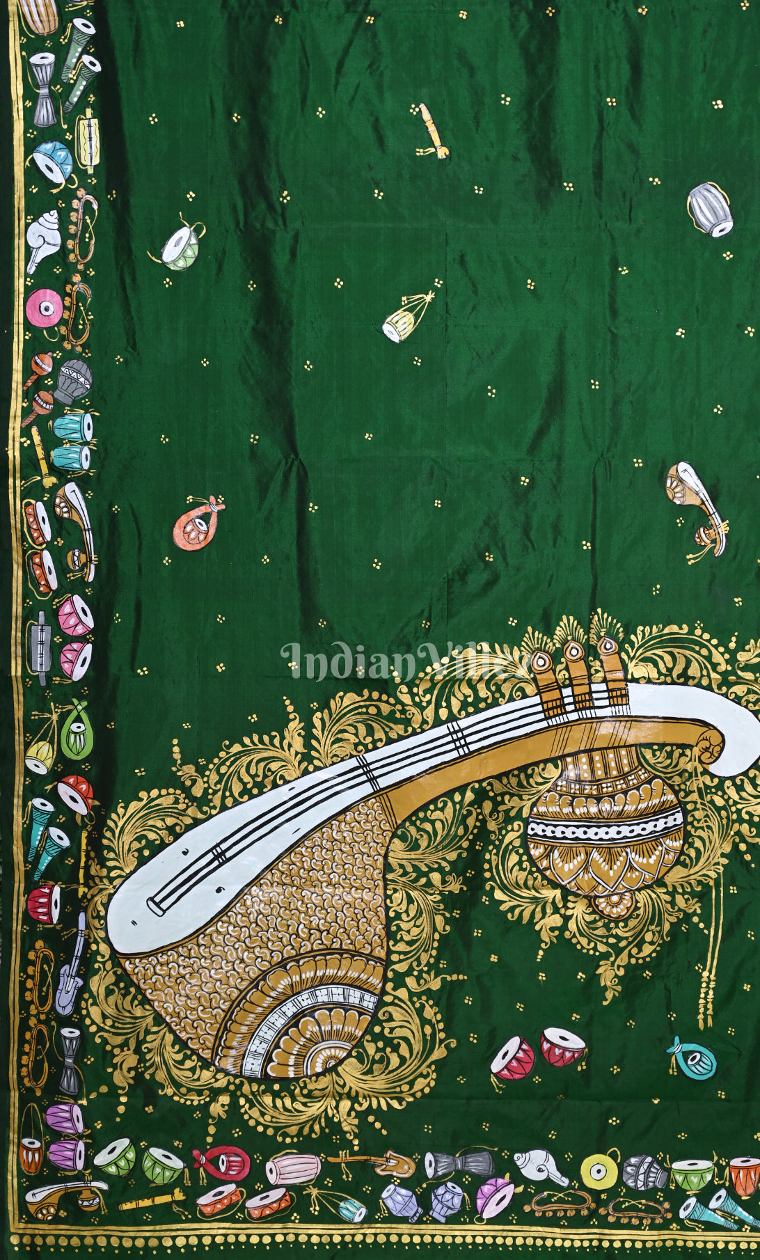 Green Sitar Instrument Hand-Painted Pattachitra Saree