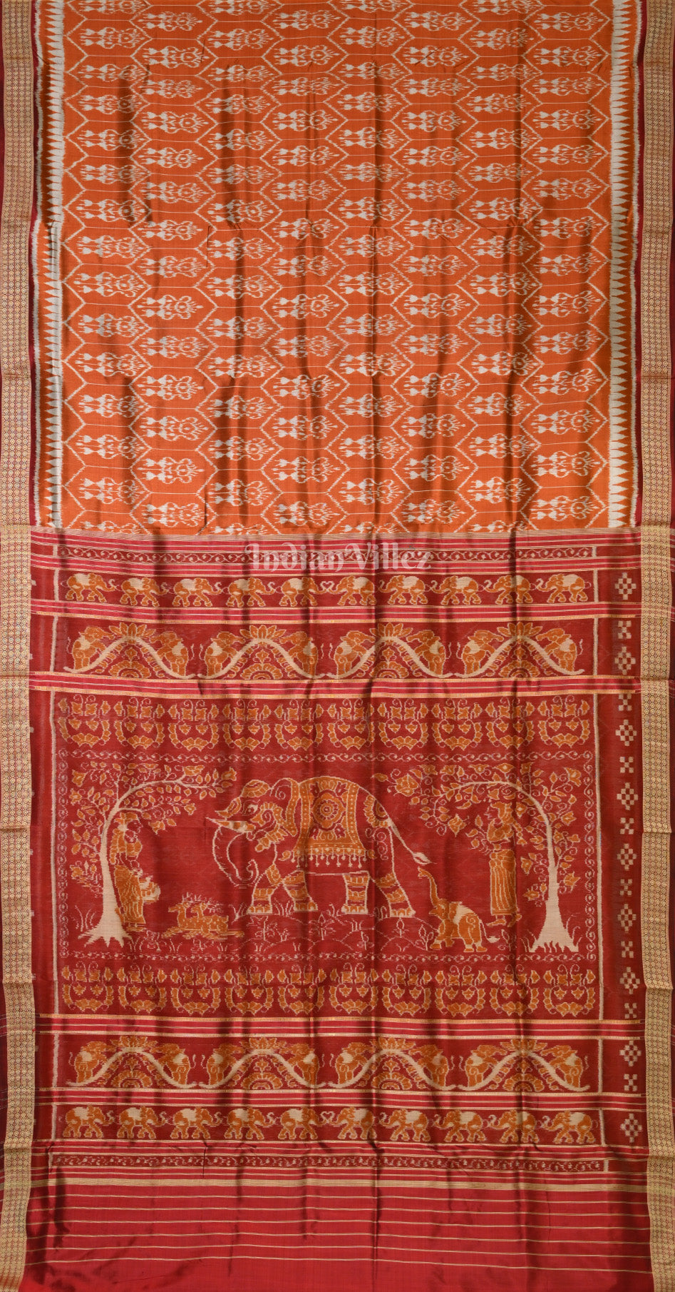 Orange Maroon Tribal Motif Odisha Ikat Sambalpuri Silk Saree 