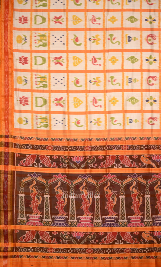 White Yellow Nabakothi Odisha Ikat Khandua Silk Saree with Nartaki Anchal 