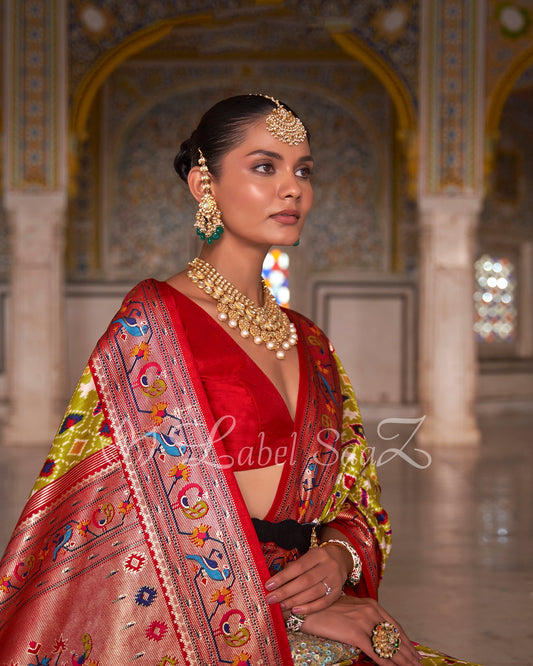 Dark Green Red Patola inspired  Pochampally with Paithani Border and Pallu