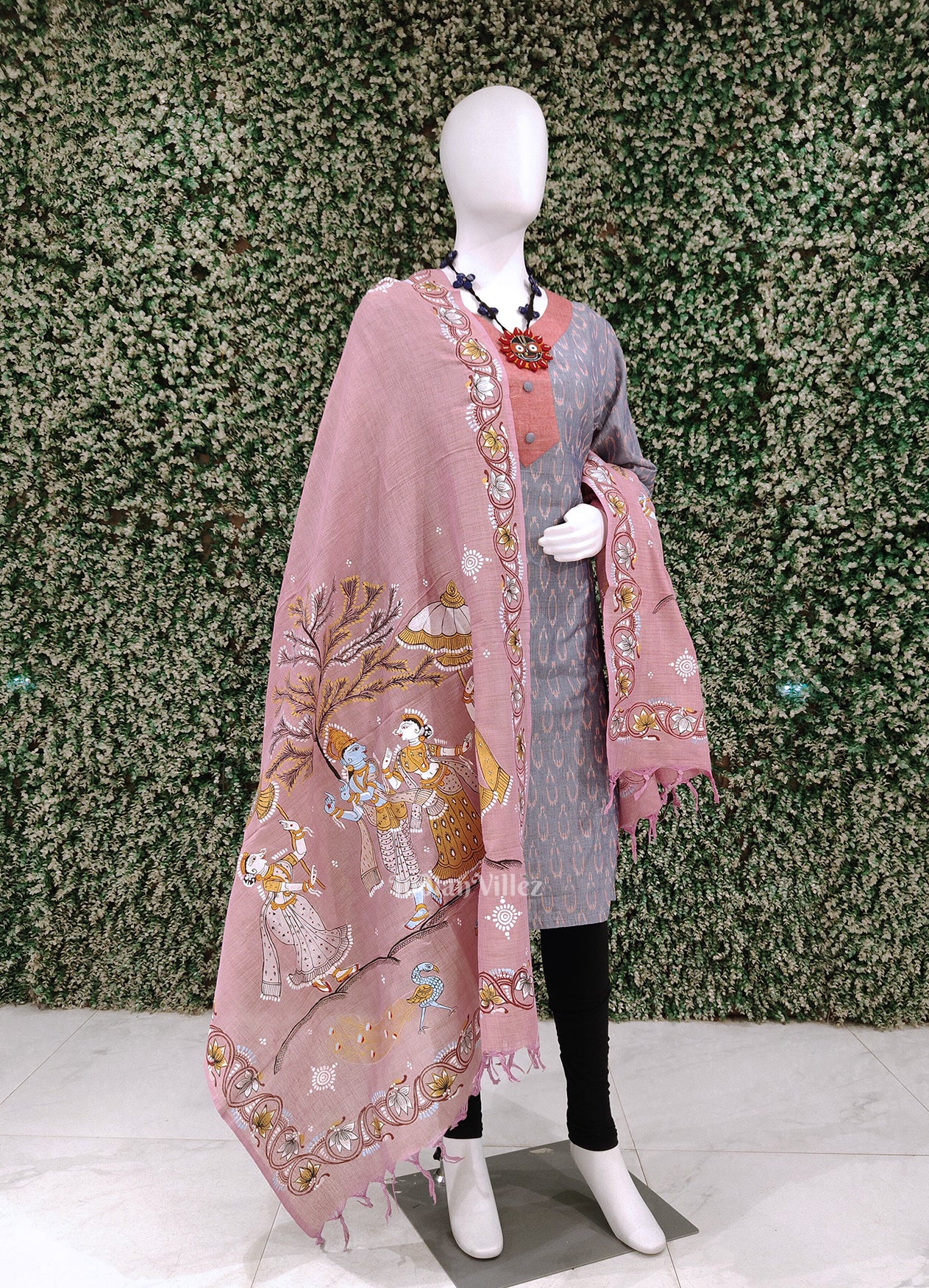 Pink Radha Krishna Raasleela Tussar Pattachitra Dupatta