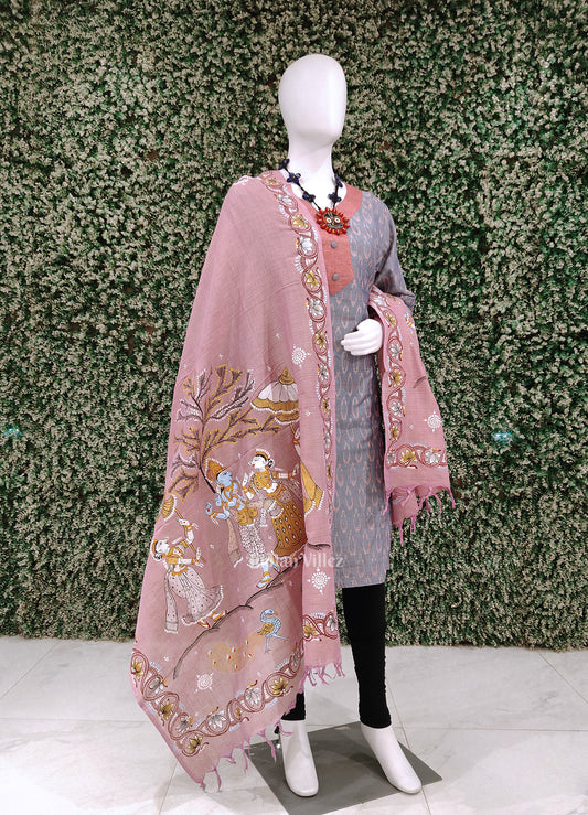Pink Radha Krishna Raasleela Tussar Pattachitra Dupatta