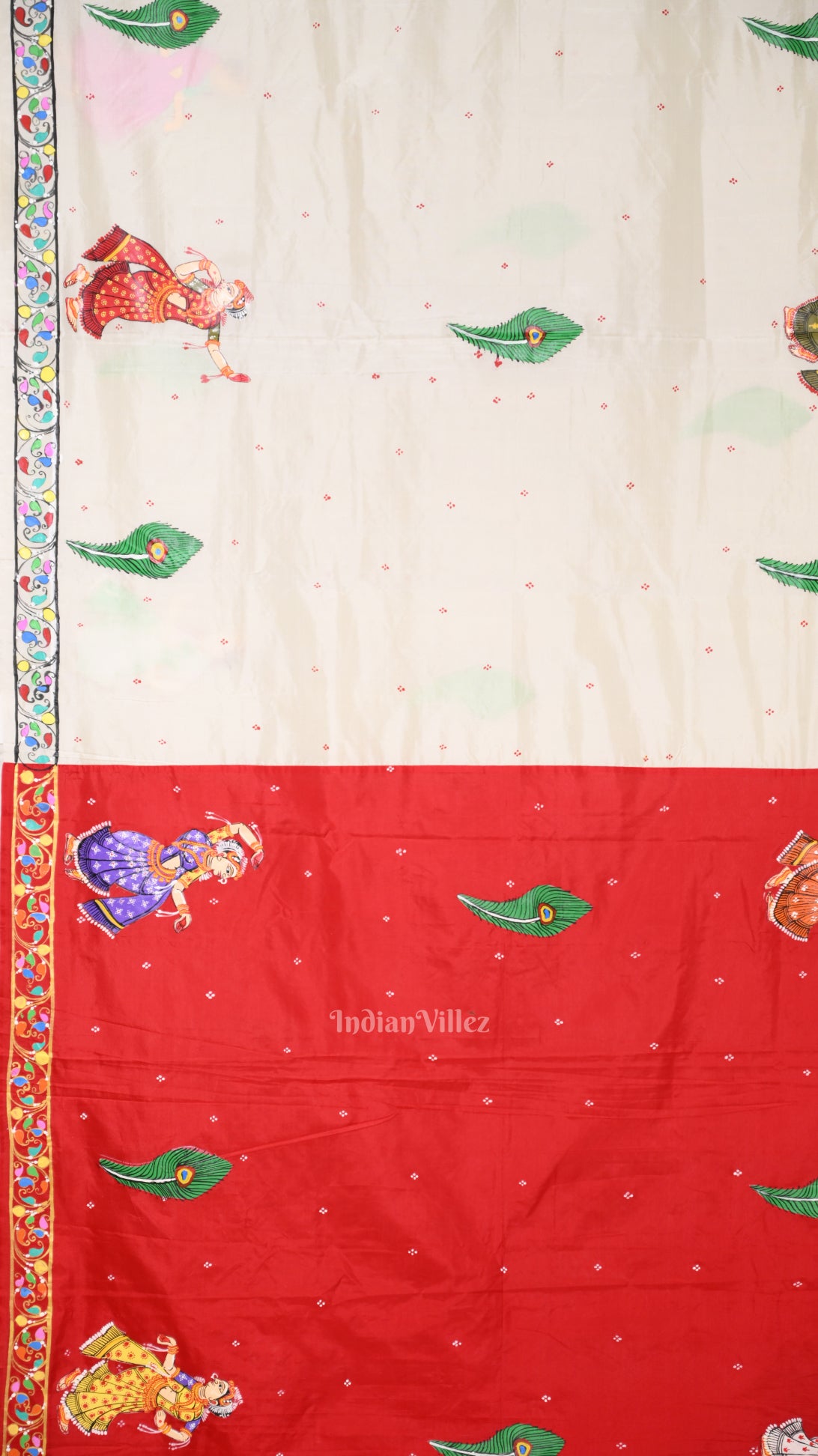 Red White Radha Krishna  Peacock Design Hand-Painted Pattachitra Saree