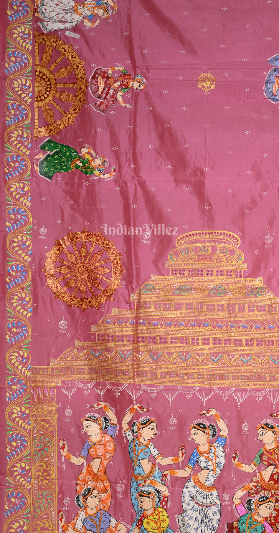 Pink Mehendi Green Nartaki Konark Temple Hand-Painted Pattachitra Saree