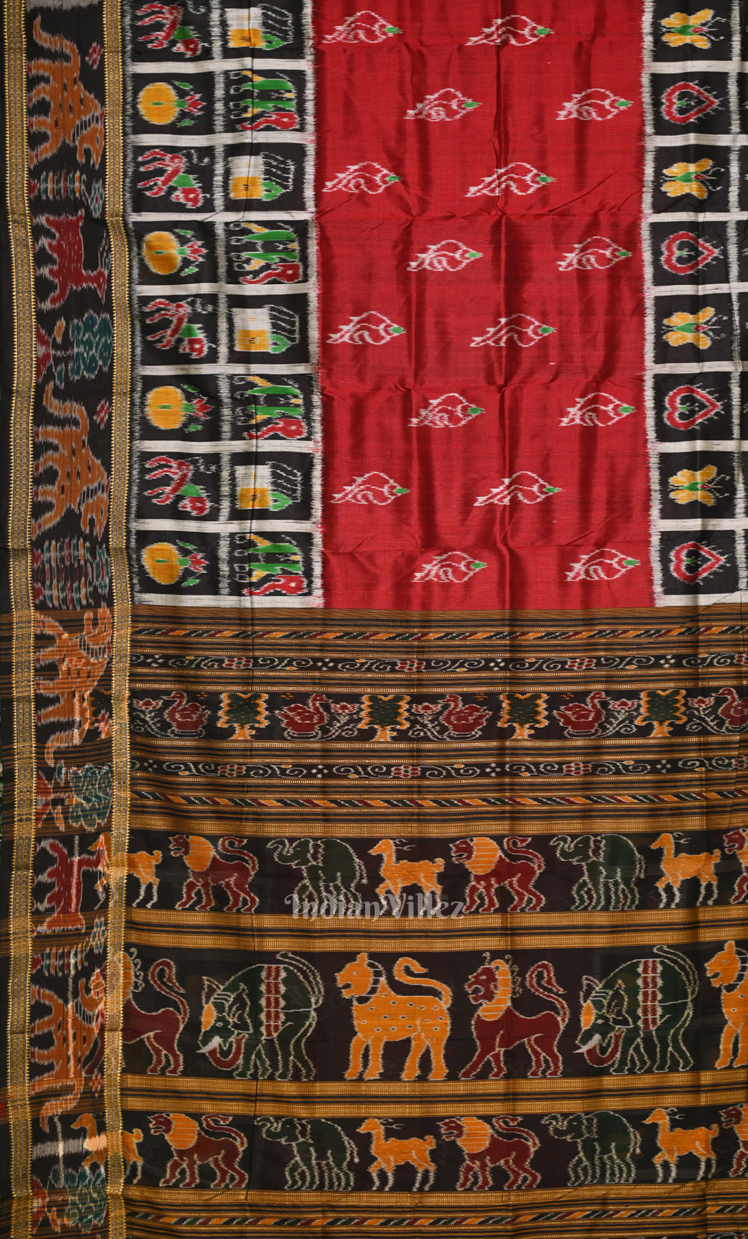 Red Black Sankha Motif Odisha Ikat Khandua Silk Saree