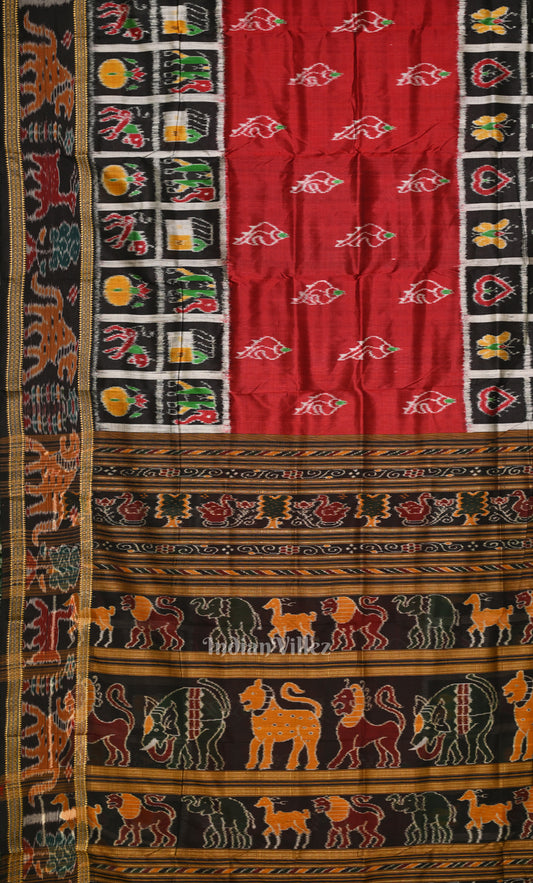 Red Black Sankha Motif Odisha Ikat Khandua Silk Saree