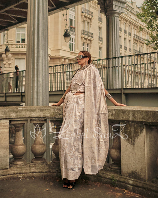Off White Handwoven Pure Organza Silk Chikankaro Saree