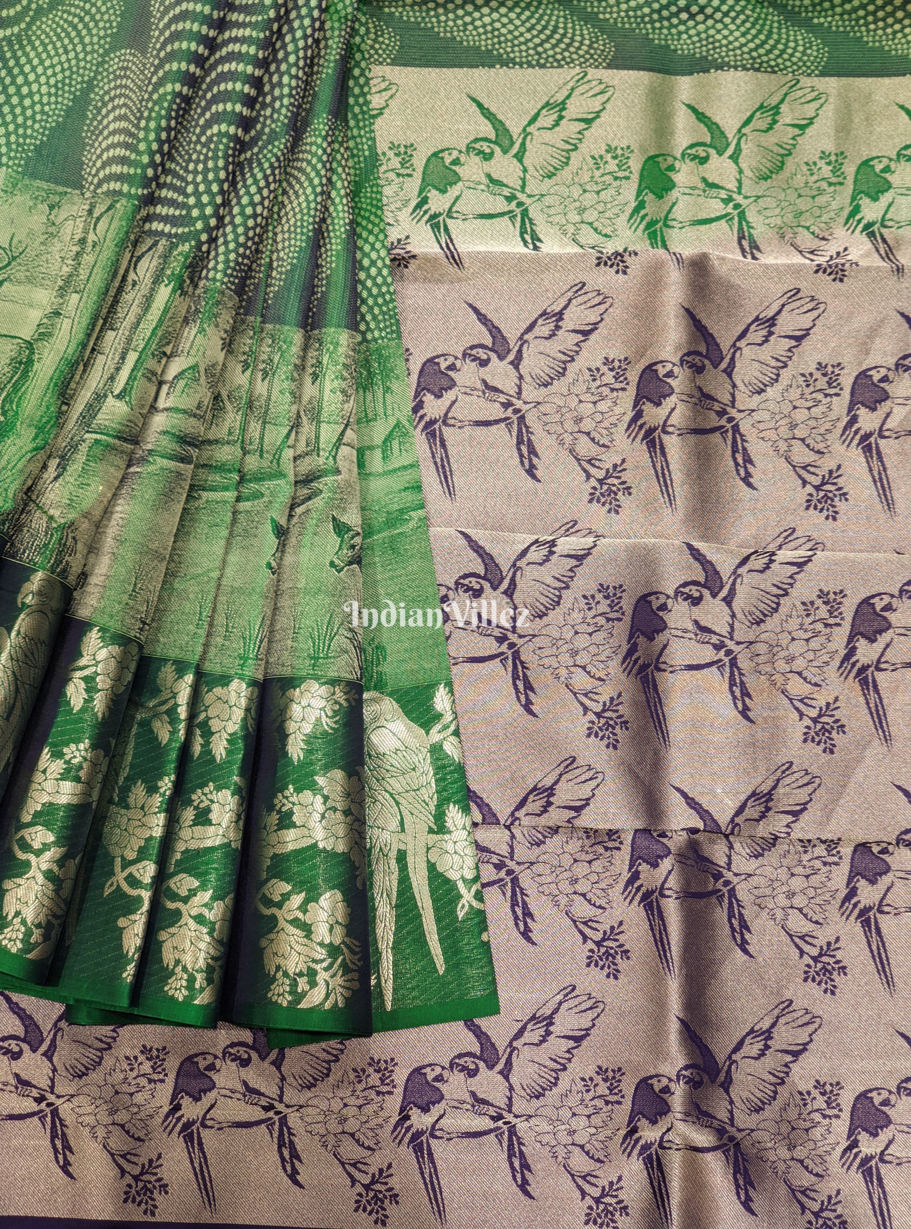 Bottle Green Forest Theme Pure Kanchipuram Silk Saree