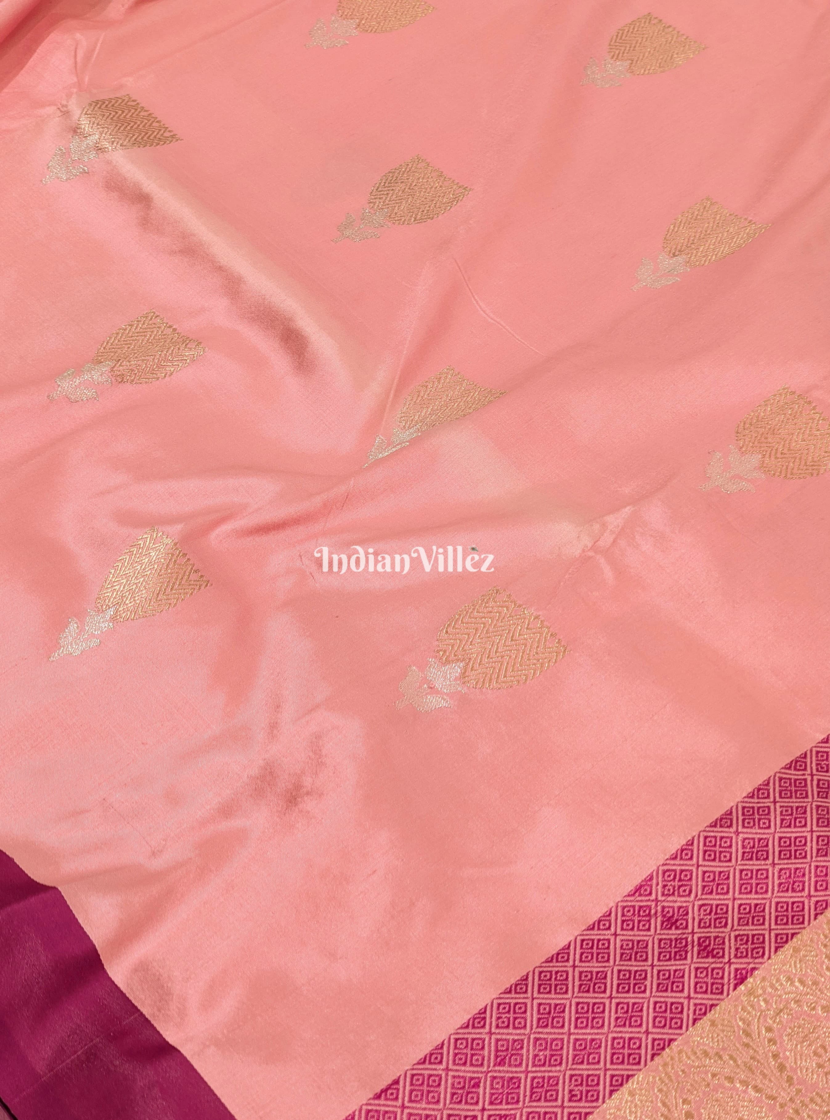 Light Pink with Violet Border Banarasi Katan Silk Saree