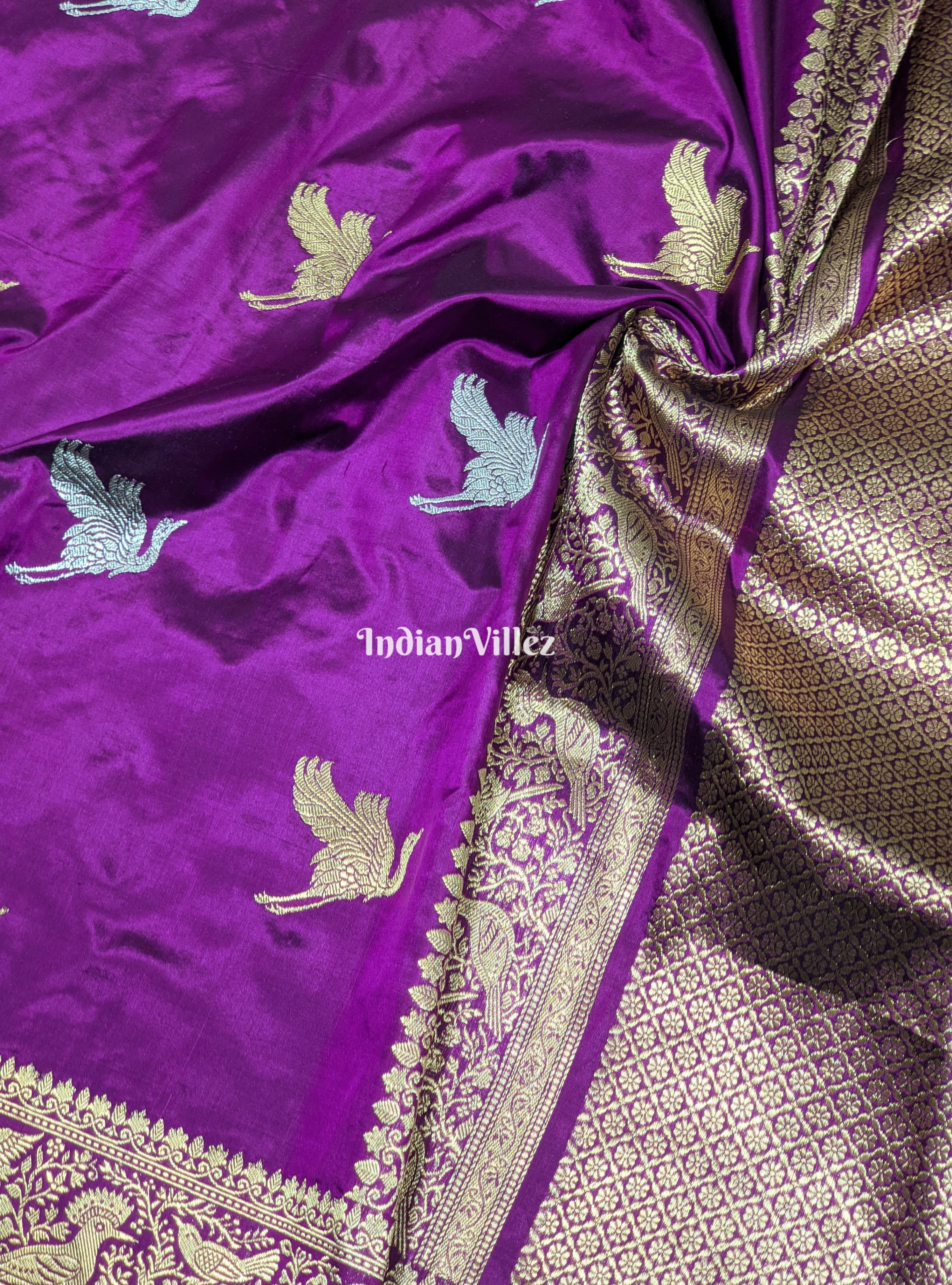 Purple Peacock Motif Pure Banarasi Katan Saree