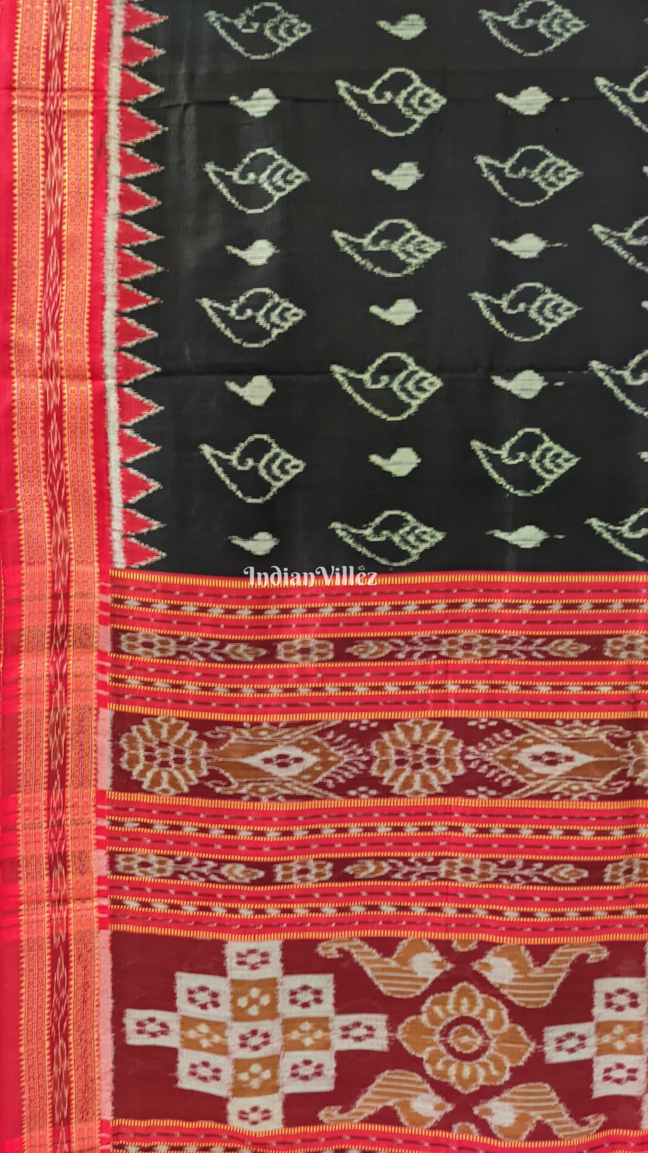 Black Red Shankha Design Khandua Silk Saree with Pasapali Anchal