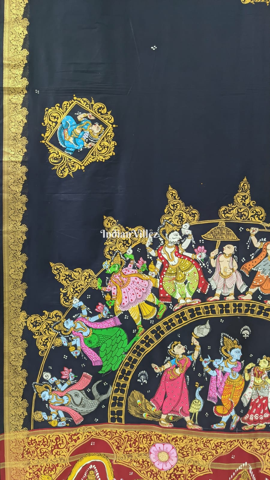 Navy Blue Odisha Pattachitra Art on Kerala Silk Saree