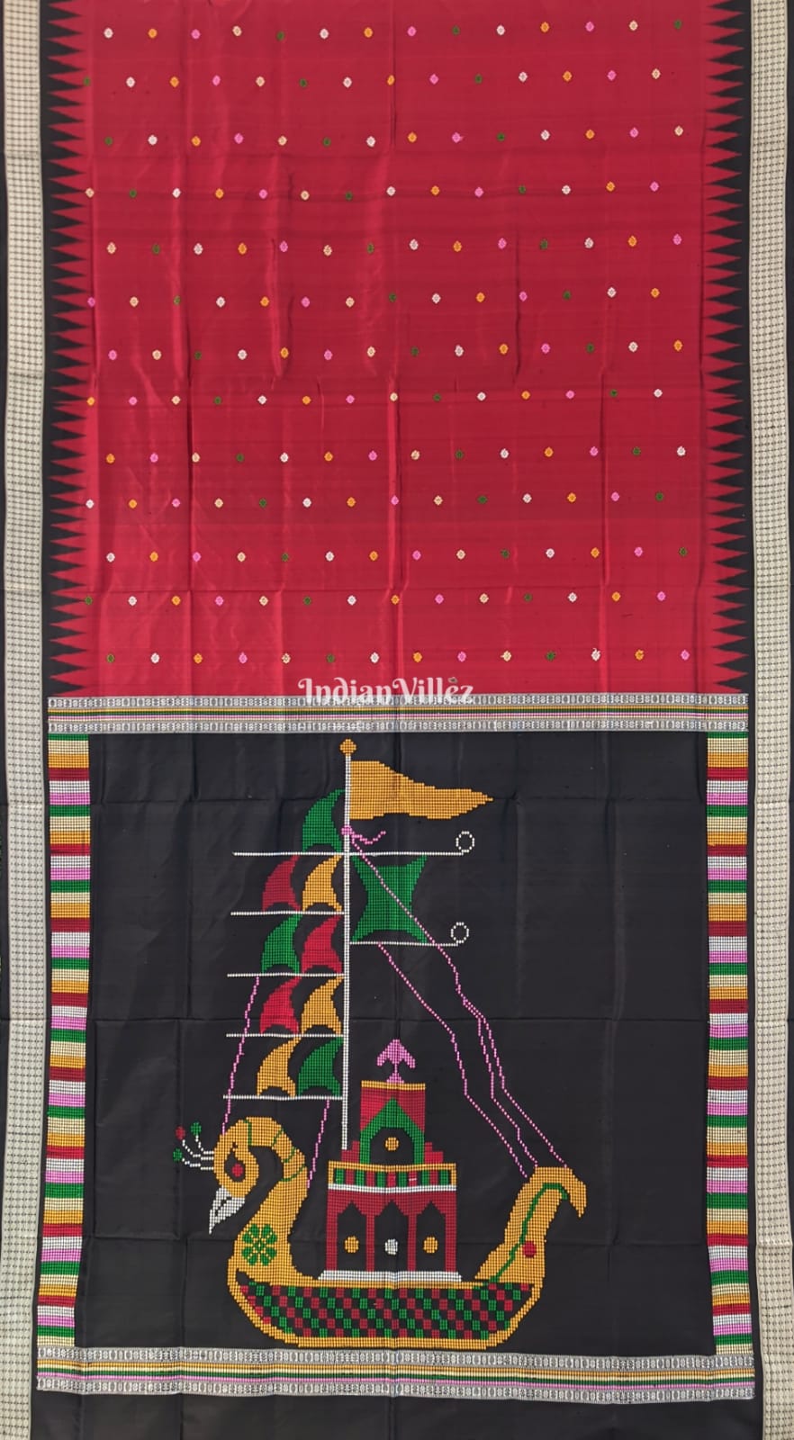 Red Black Boita Anchal Bomkai Sambalpuri Silk Saree