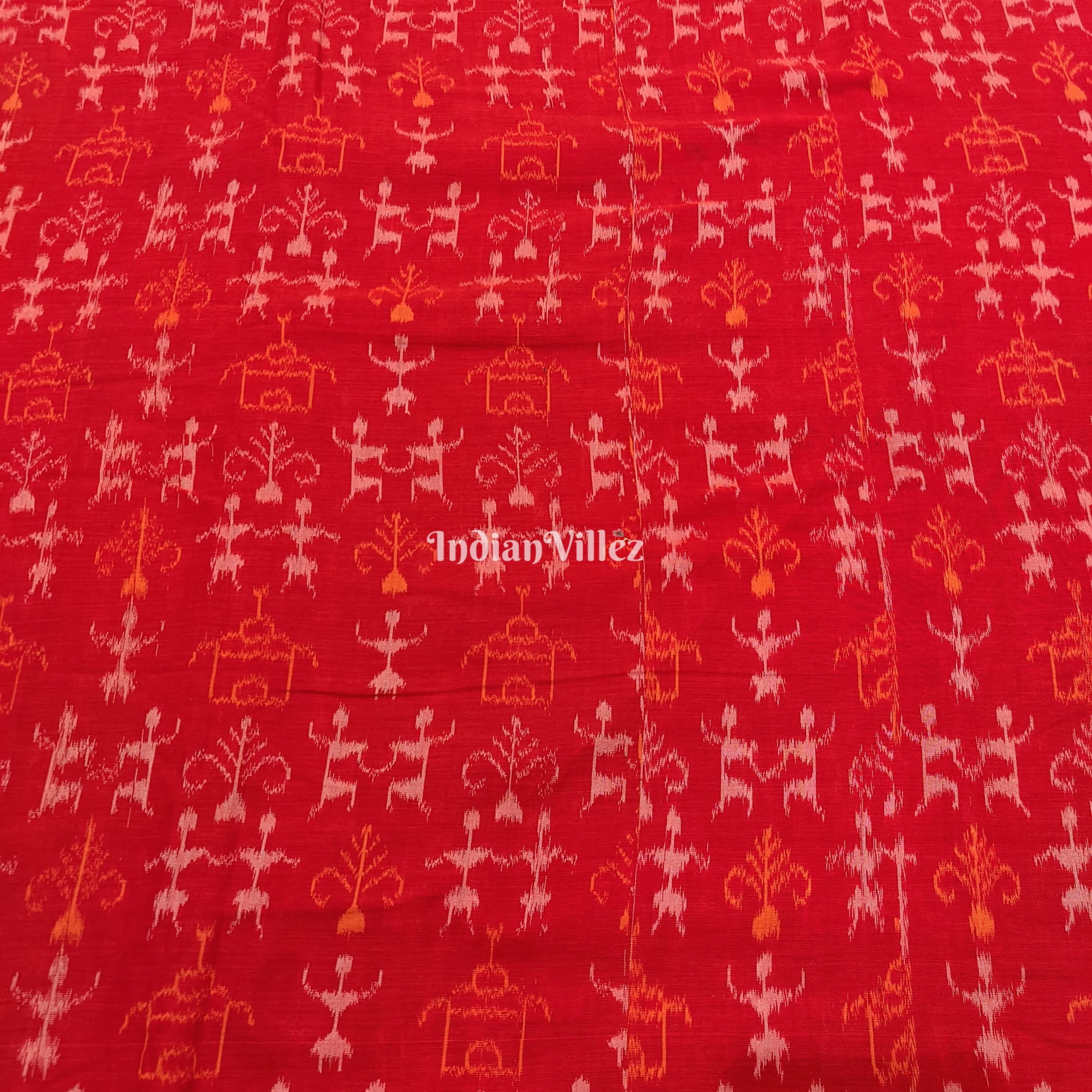 Red Tribal Theme Sambalpuri Ikat Cotton Fabric