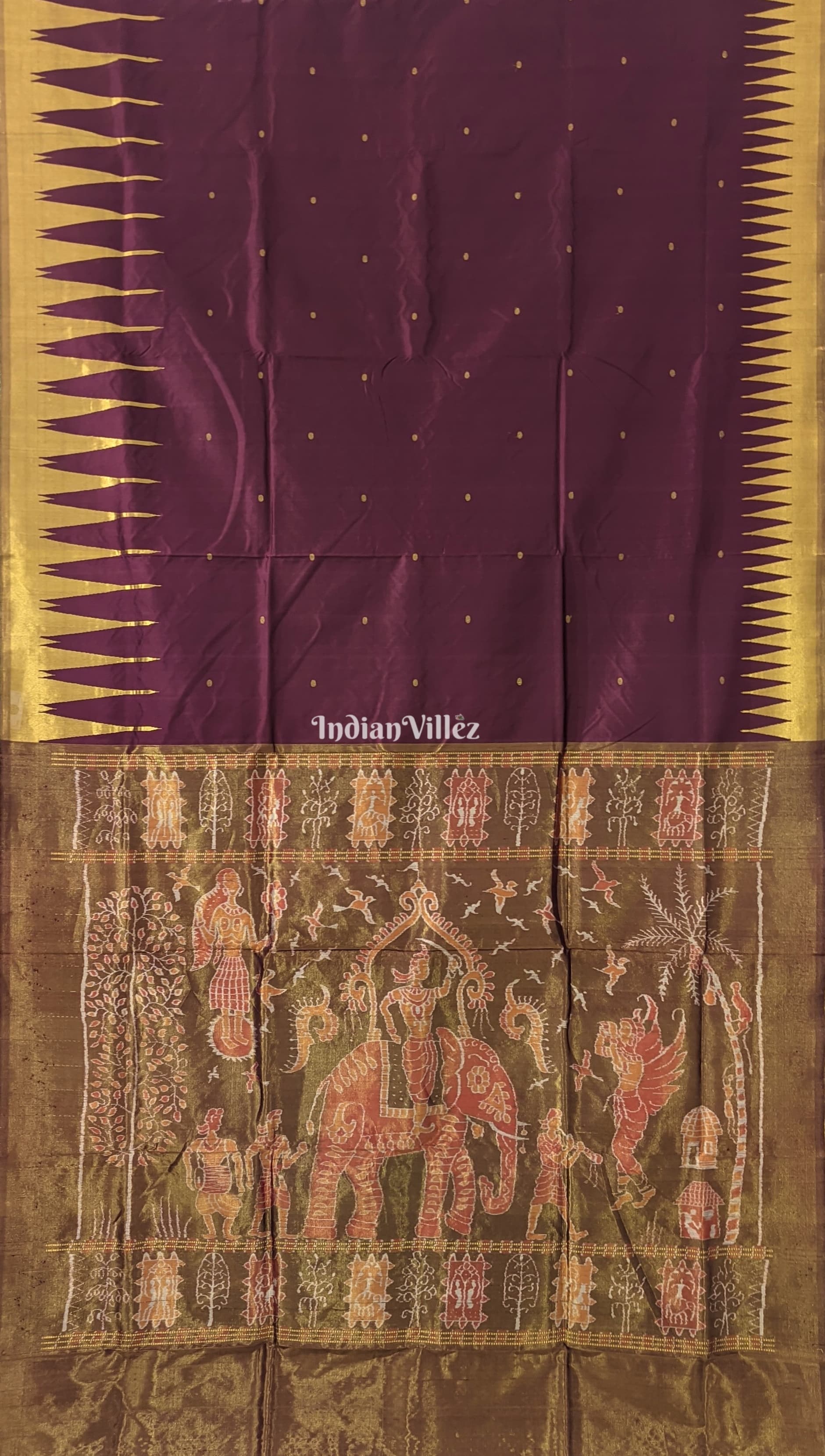 Deep Maroon with Golden Zari (Tissue) Phoda Kumbha Sambalpuri Silk Saree