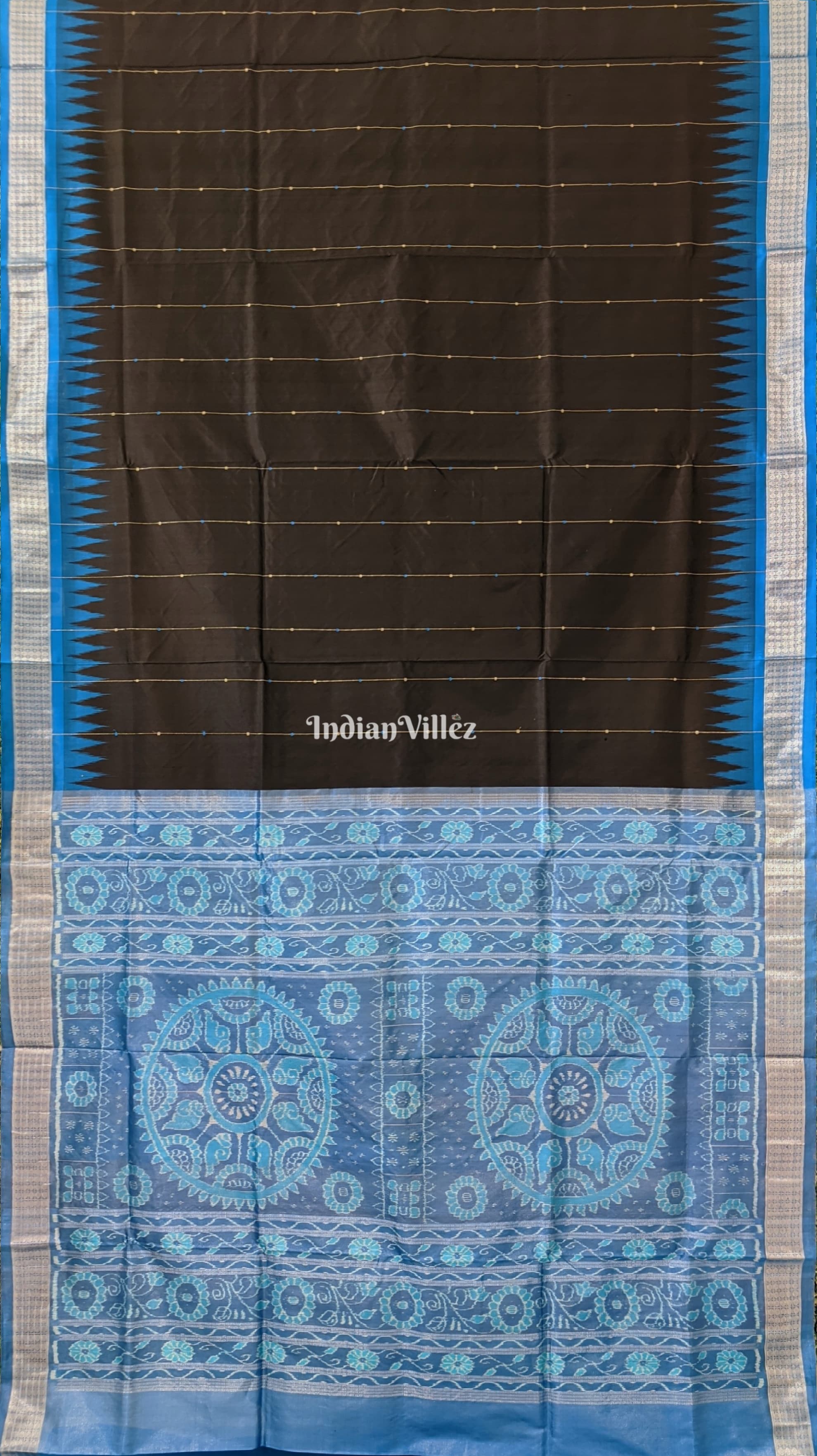 Black with Copper Sulfate Sambalpuri Ikat Silk Saree with Tissue Border & Anchal