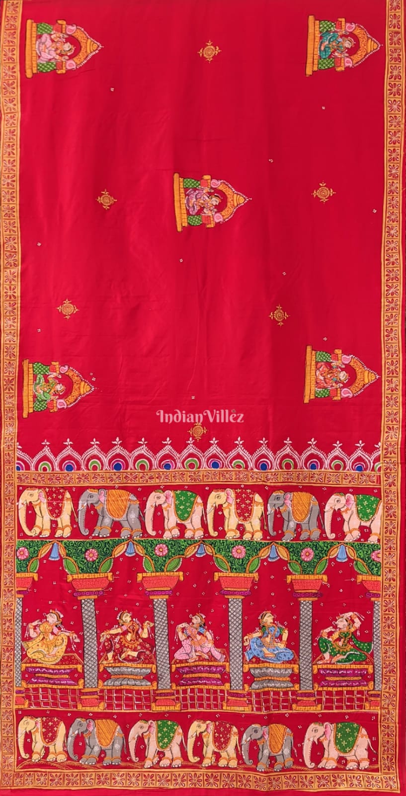 Red Elephant Nartaki Pattachitra Pure Silk Saree