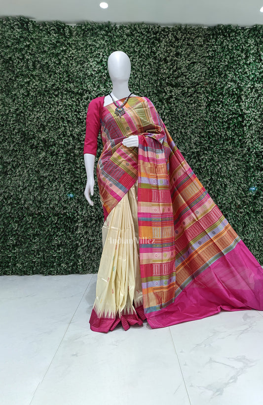 Off White Fish Motif Double Pallu Berhampuri Silk Saree