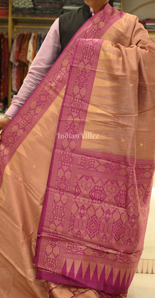 Beige Magenta Pink Zari Tissue Weaving Saree