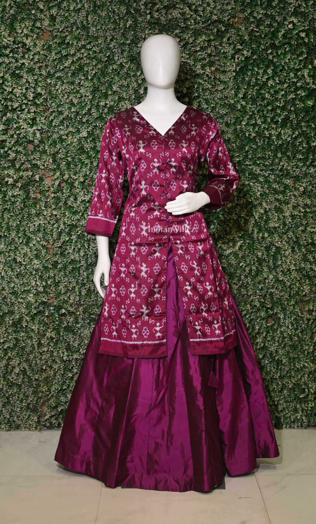 Maroon Tribal Odsiha Ikat Silk Kurti Set with Skirt