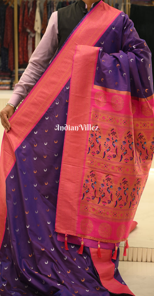 Purple Pink Chandrakor Woven Zari Paithani Silk Saree