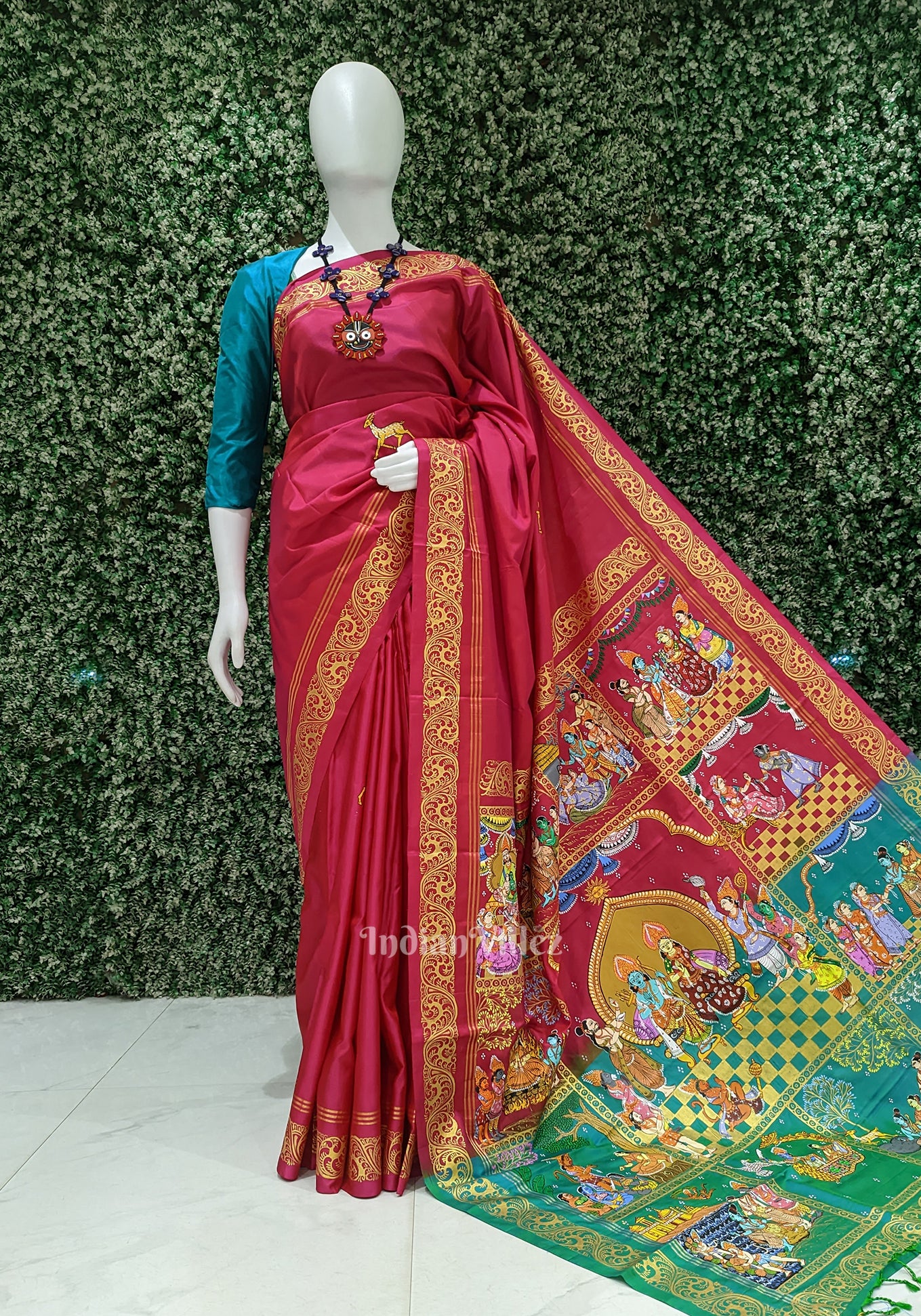 Red with Sea Green Ramayana Theme Hand-Painted Pattachitra Saree