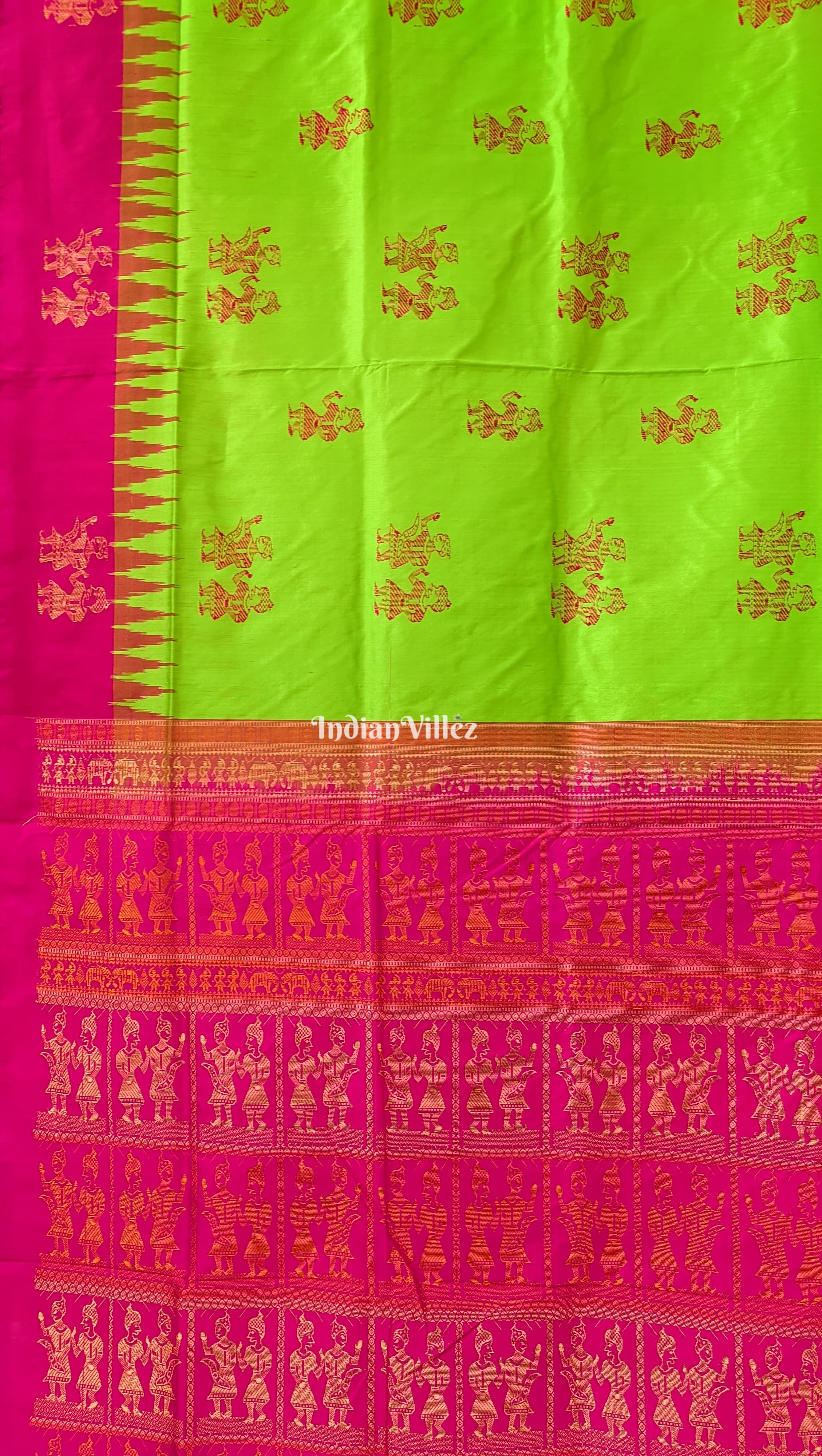 Parrot Green Pink Raja Rani Theme Bomkai Sambalpuri Silk Saree