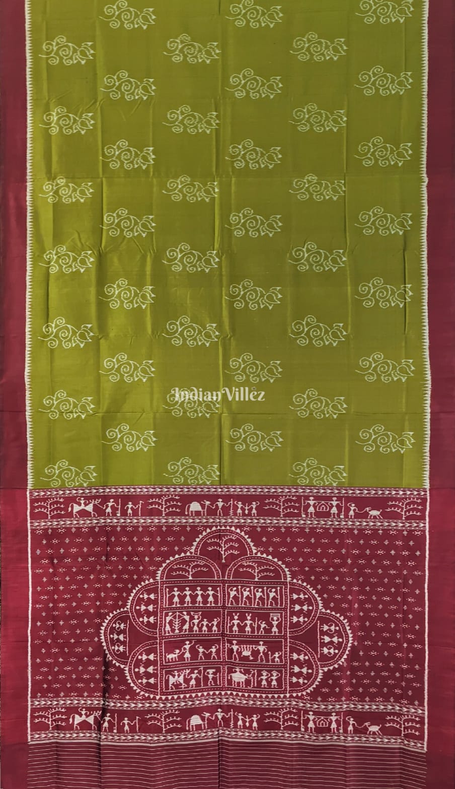 Mehndi Green Odisha Ikat Contemporary Silk Saree with Tribal Anchal