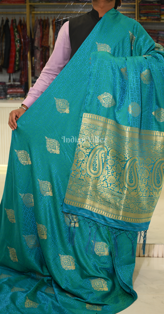 Teal Blue Pure Satin Weaving Silk Saree With Blouse Piece