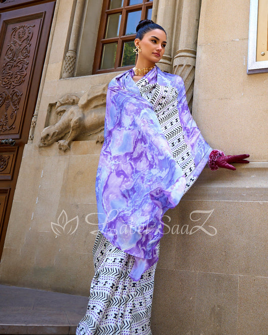 White Violet Satya Paul Inspired Printed Satin Crepe Sarees