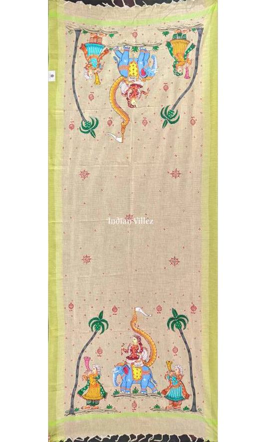 Cream Color Barat Theme Tussar Pattachitra Dupatta
