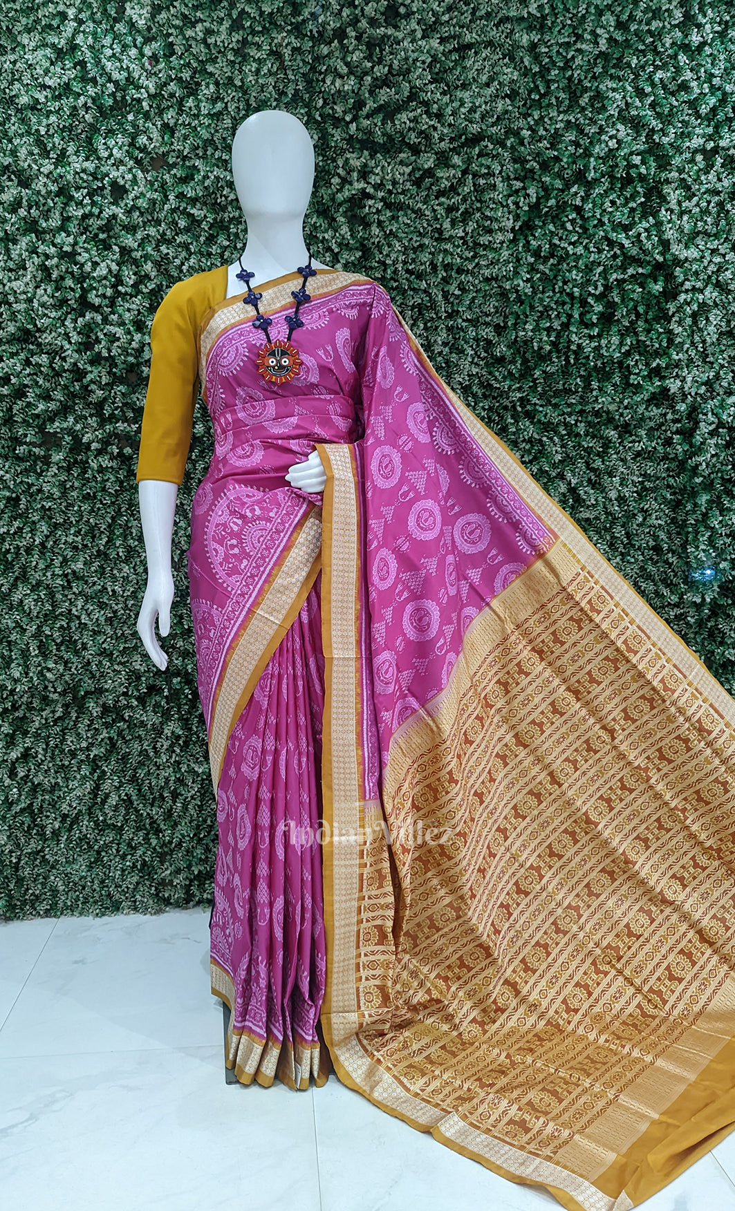 Rani Pink with Mustard Yellow Jhoti Design Sambalpuri Silk Saree