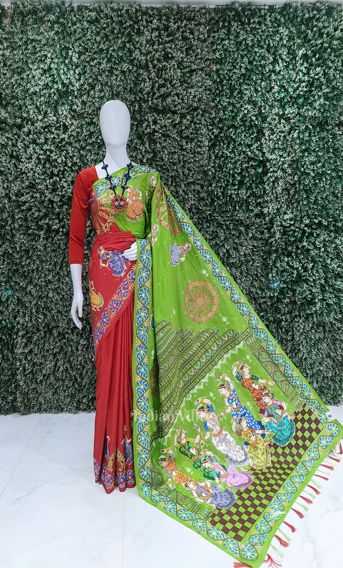 Red Green Nartaki Konark Temple Hand-Painted Pattachitra Saree