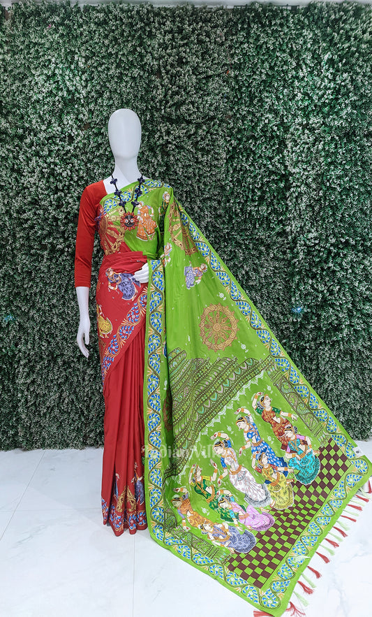 Red Green Nartaki Konark Temple Hand-Painted Pattachitra Saree