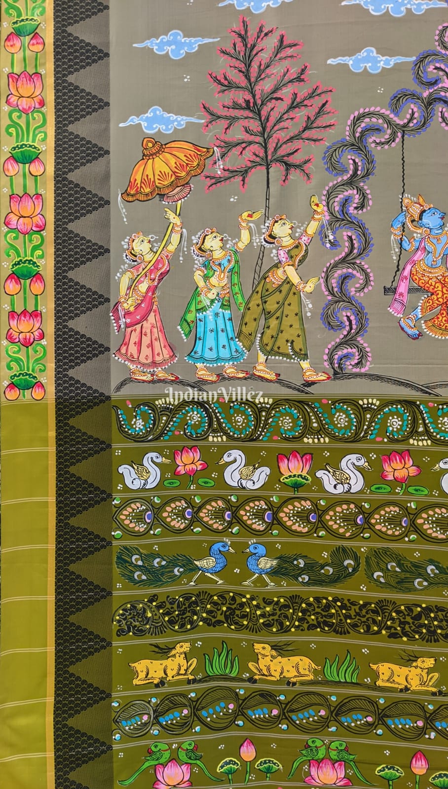 Moss Green Krishna Leela Pattachitra Art on Kerala Silk Saree