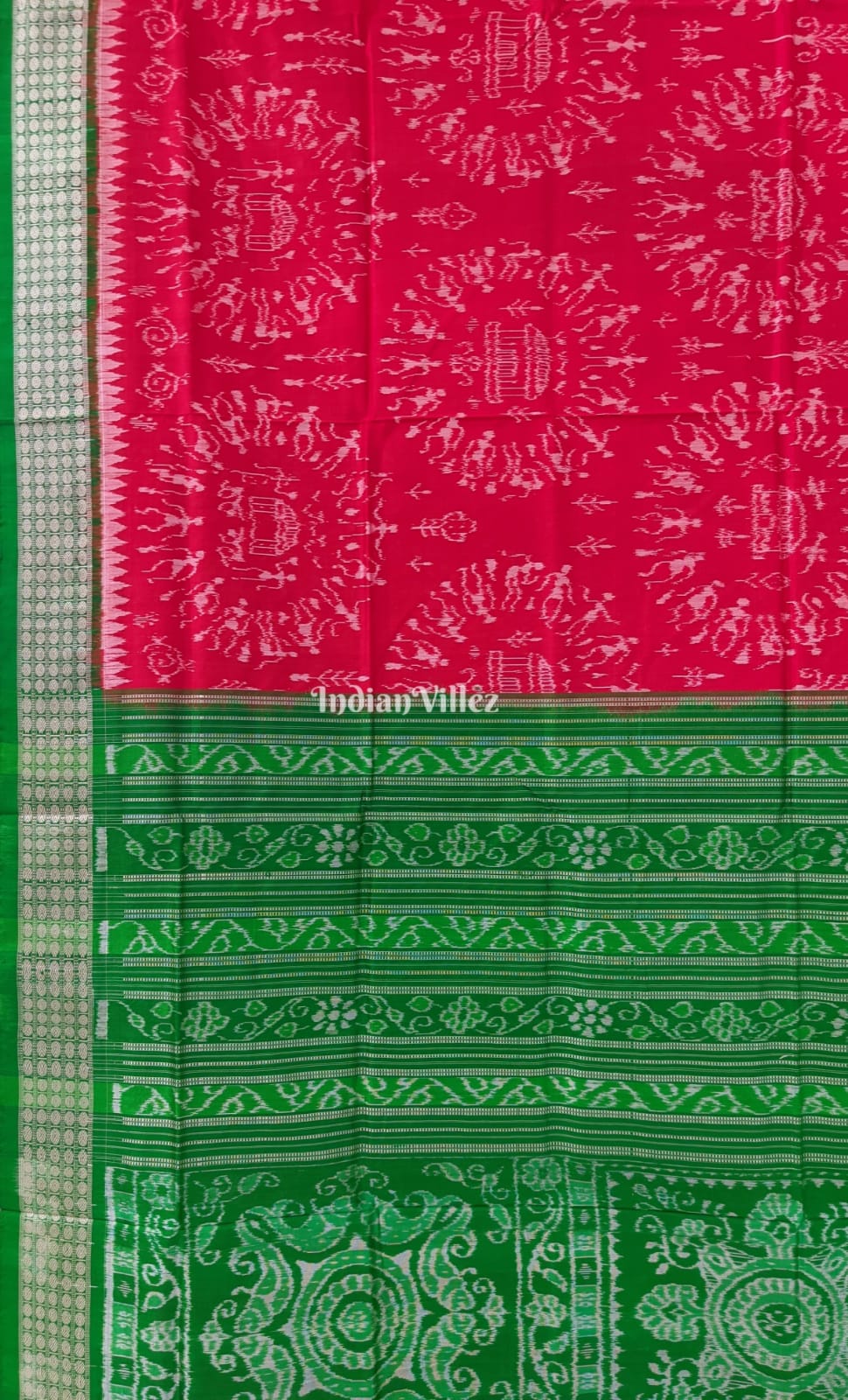 Red Green Tribal Theme Pure Sambalpuri Silk Saree