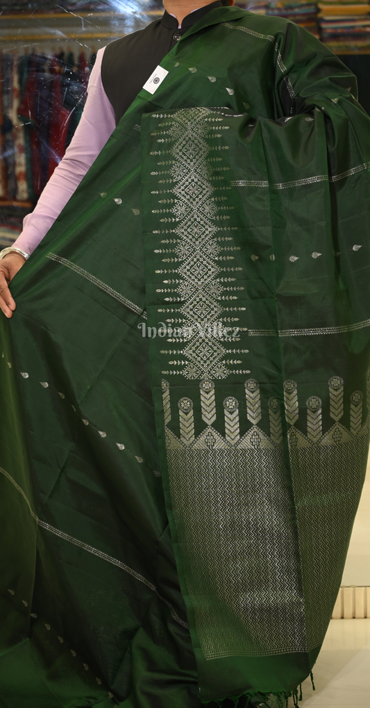 Bottle Green Silver Zari Pure Kanjivaram Soft Silk Saree 
