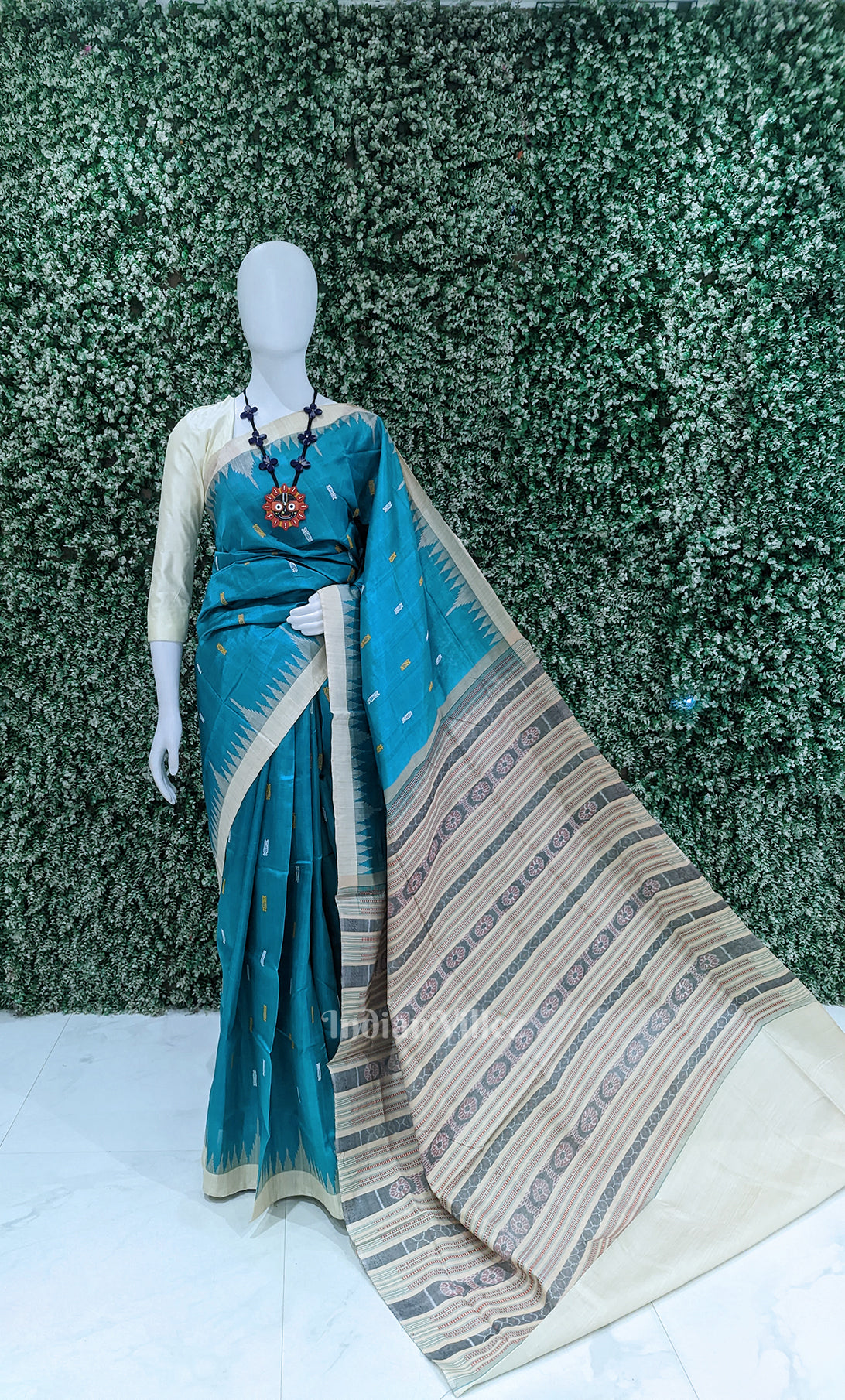 Teal Blue Sambalpuri Phoda Kumbha Tussar Silk Saree with Sarabandha Anchal