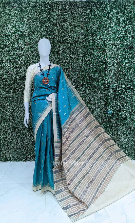 Teal Blue Sambalpuri Phoda Kumbha Tussar Silk Saree with Sarabandha Anchal