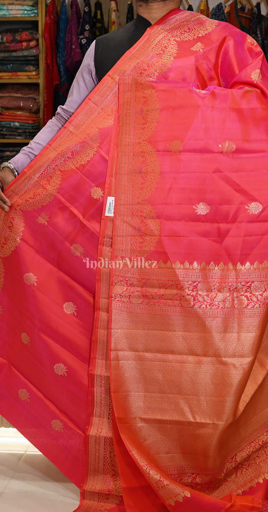 Rani Pink Golden Dual Tone Floral Motif Brocade Pure Kanjivaram Silk Saree