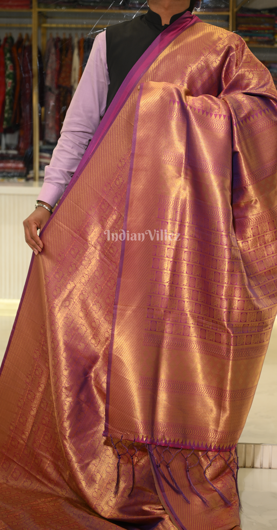 Purple Royal Jacquard Tissue Banarasi Self Weaving with all over body work