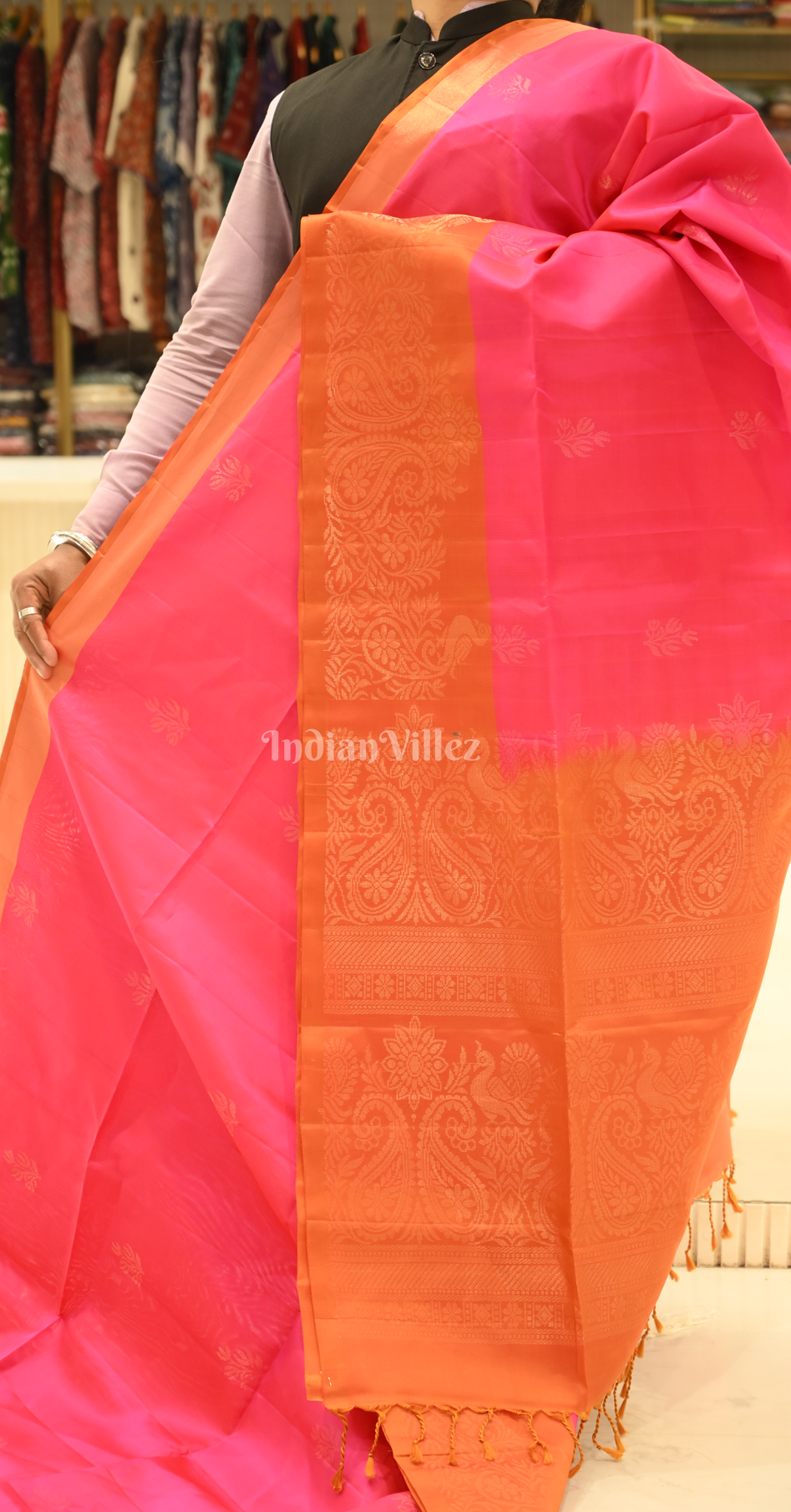Rani Pink Rust Orange Zari Pure Kanjivaram Soft Silk Saree
