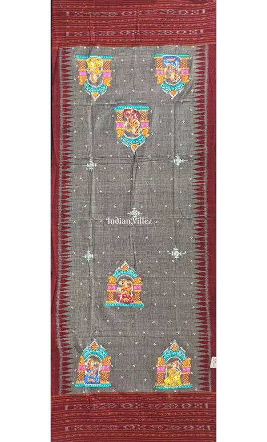 Gray Maroon Temple Nartaki Cotton Pattachitra Dupatta